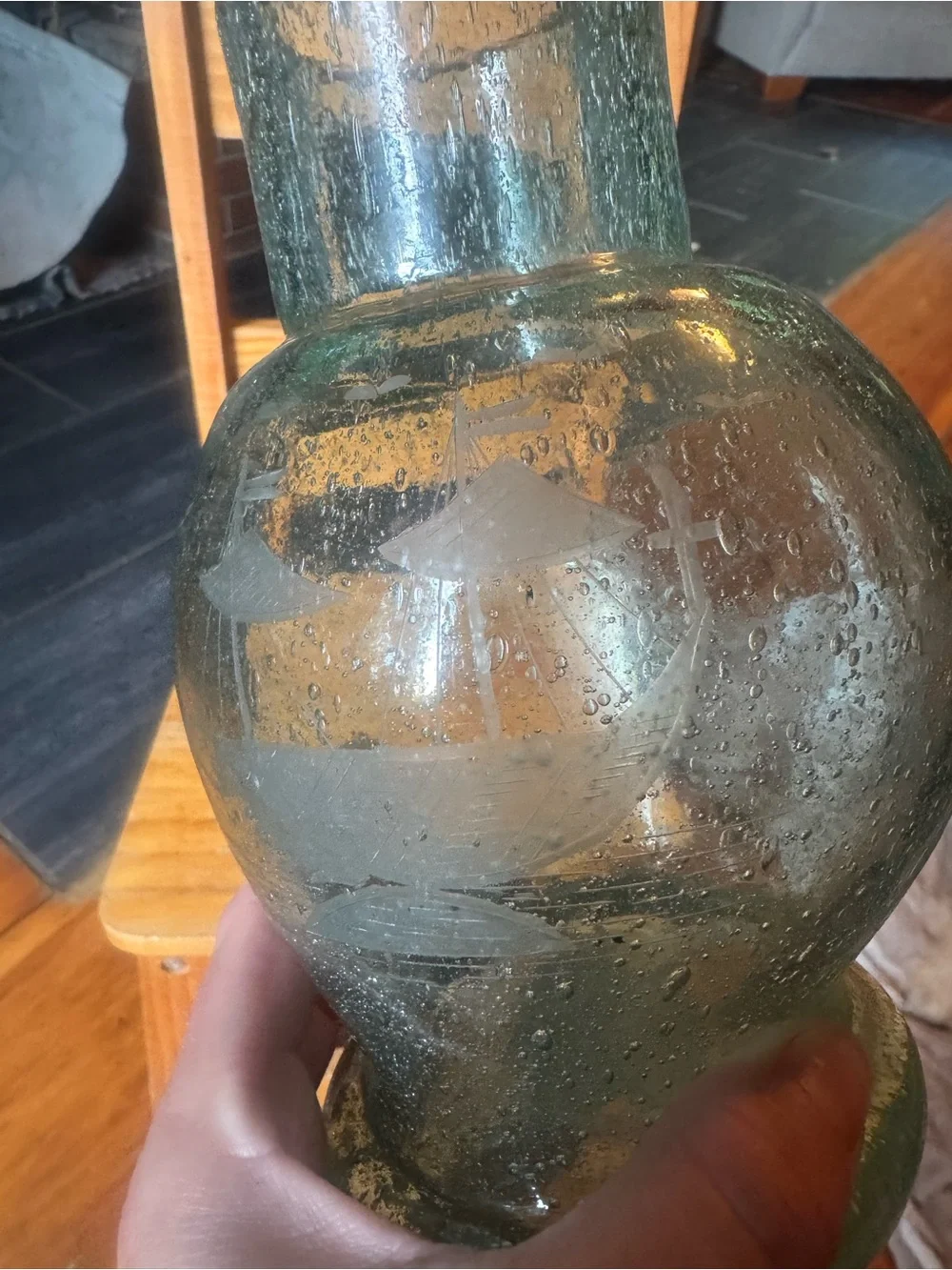 Aqua bubble glass handblown vase with boat etching very rare HTF EUC